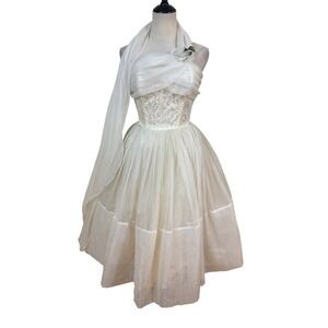 Vtg 50s Wedding Dress XS Ivory Lace Tulle Full Skirt Cocktail Scarf pinup Bridal